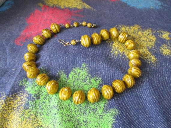 Vintage Choker Large Bead Necklace - Mustard Colo… - image 6