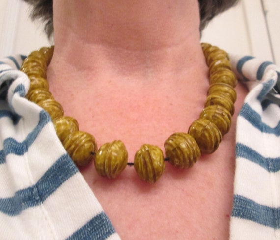 Vintage Choker Large Bead Necklace - Mustard Colo… - image 1