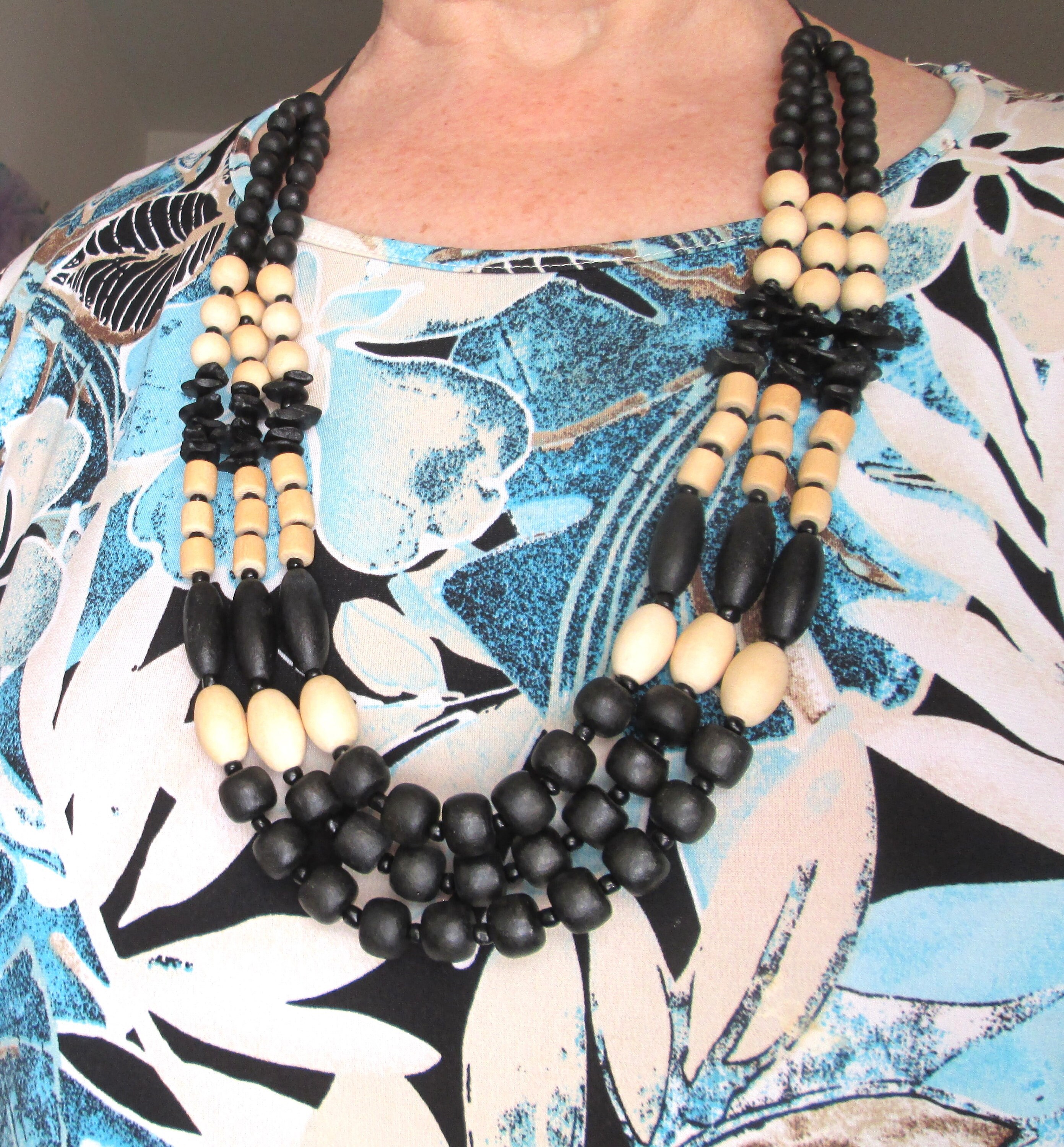 Wood Jewelry-Three Strand Wood Beaded Necklace- Cream & Black Wood Beads- Length 28" to 32"  Slip Knot - Three Strand - Upcycled- Repaired