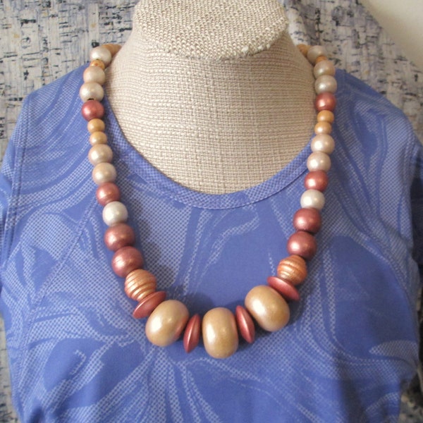 Upcycled Vintage Balsa Wood Beaded Necklace-replaced with Leather Cord-Colors Cream & Copper-Adj.  Leather Slip Knots- Length 20" to 26 1/2"