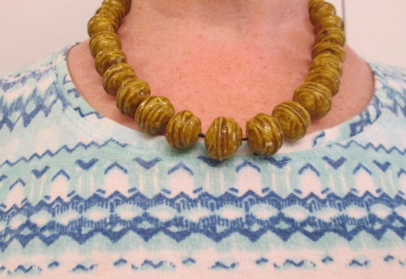 Vintage Choker Large Bead Necklace - Mustard Colo… - image 3