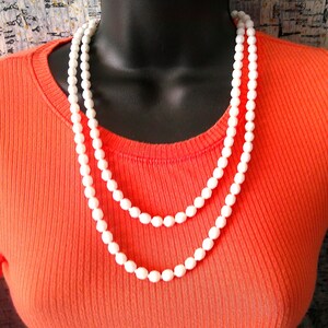 White Milk Glass Necklace- 48"  Flapper Style Necklace  Vintage-Restrung