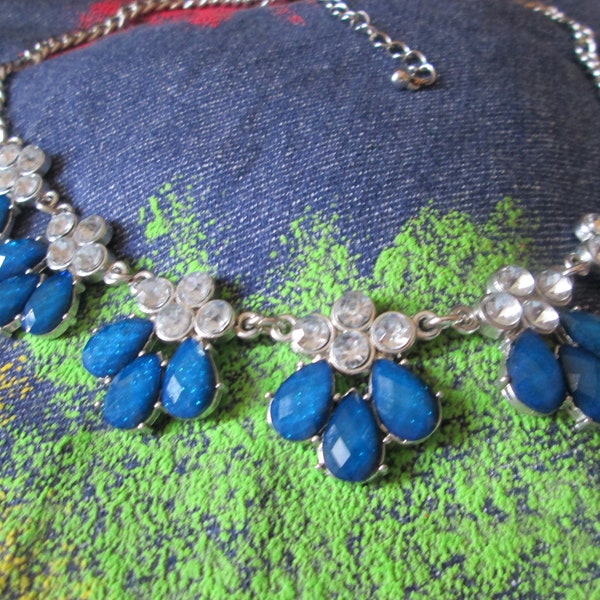 Vintage Blue Rhinestone Necklace - Length 18" to 21" - Repaired clasp - Beautiful -  Upcycled