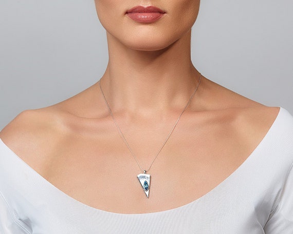 Dainty Geometric Necklace, London Blue Topaz Pendant, Minimalist