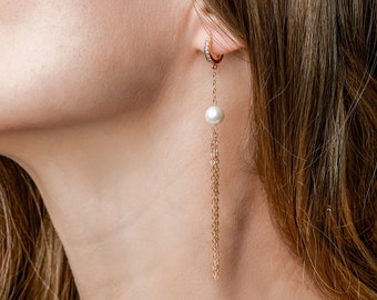 Freshwater pearl earrings dangle, long chain earrings, crystal chandelier earrings, leverback earrings sterling silver, 18th birthday gift