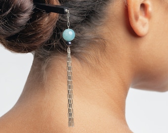 Pearl and Aquamarine Statement Ebony Hair Pin, pearl hair pins