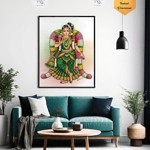 May include: A framed print of a woman in traditional Indian attire, featuring a green and gold sari, adorned with jewelry and flowers. The artwork is displayed above a teal sofa in a modern living room setting.
