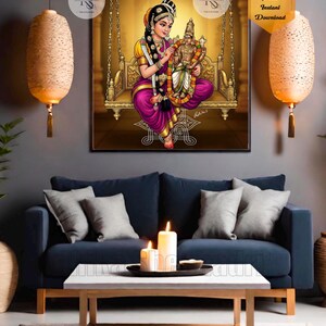 May include: Digital print of a woman in a traditional Indian outfit, holding a statue, seated on a swing. The artwork features gold, purple, and yellow hues. The text "Digital prints Instant Download" is visible.