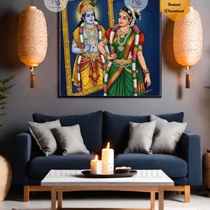 May include: A framed digital print featuring a vibrant illustration of two figures in traditional Indian attire. The artwork showcases a male figure in yellow and a female figure in green, set against a blue backdrop. Text reads "Digital prints Instant Download".