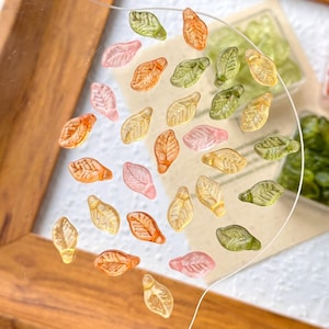 May include: A collection of small, leaf-shaped glass beads in various colors, including pink, orange, yellow, and green. The beads are scattered on a clear surface, with a wooden frame in the background. The leaves have detailed veining.