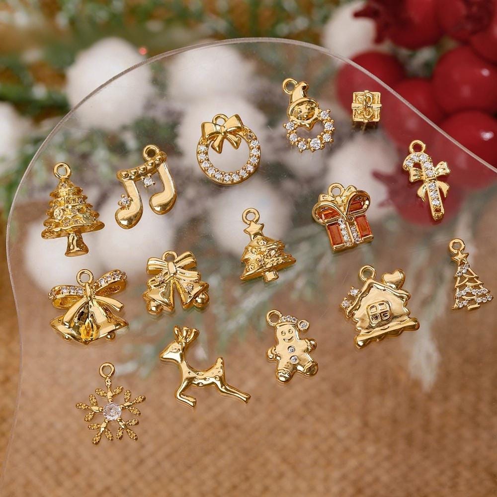 18K Christmas Pendants, Christmas Tree, Bell, Snowman, Glove and Hat Pendants, Gold Christmas Charms, DIY Christmas Jewelry, Christmas Gifts