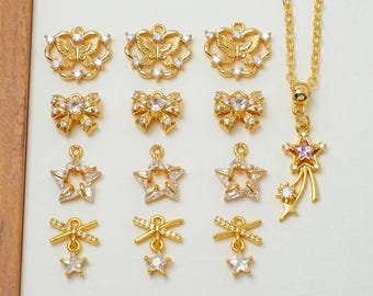 Gold-Plated Zirconia Bow Star Pendant Charms, Jewelry Supplies