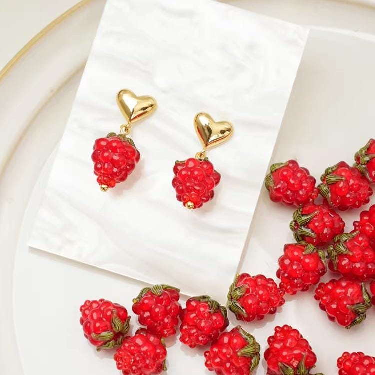 10pcs Raspberry Glass Beads, Handmade Berry Lampwork Bead, DIY Fruit ...
