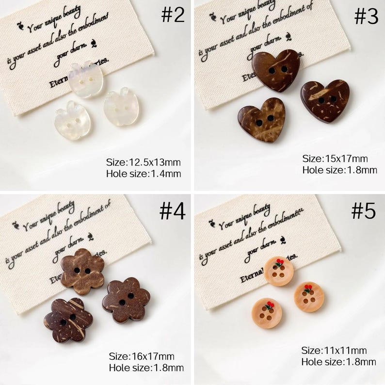 May include: A collection of decorative buttons in various shapes and materials. Includes apple-shaped, heart-shaped, and flower-shaped buttons, as well as round buttons with floral accents. Sizes range from 11mm to 17mm.