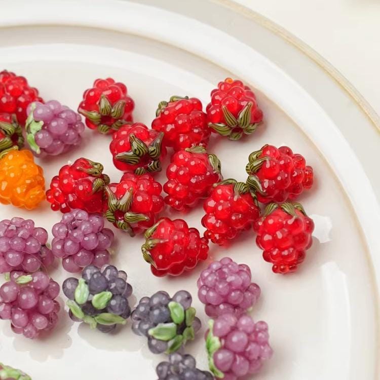 10pcs Raspberry Glass Beads, Handmade Berry Lampwork Bead, DIY Fruit ...