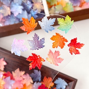 Può includere: Una collezione di ciondoli a forma di foglia d'acero colorati in varie tonalità di arancione, rosso, viola, blu e verde. Le foglie traslucide sono disposte su una superficie trasparente, con una cornice di legno sullo sfondo. Ideali per la creazione di gioielli o progetti artigianali.