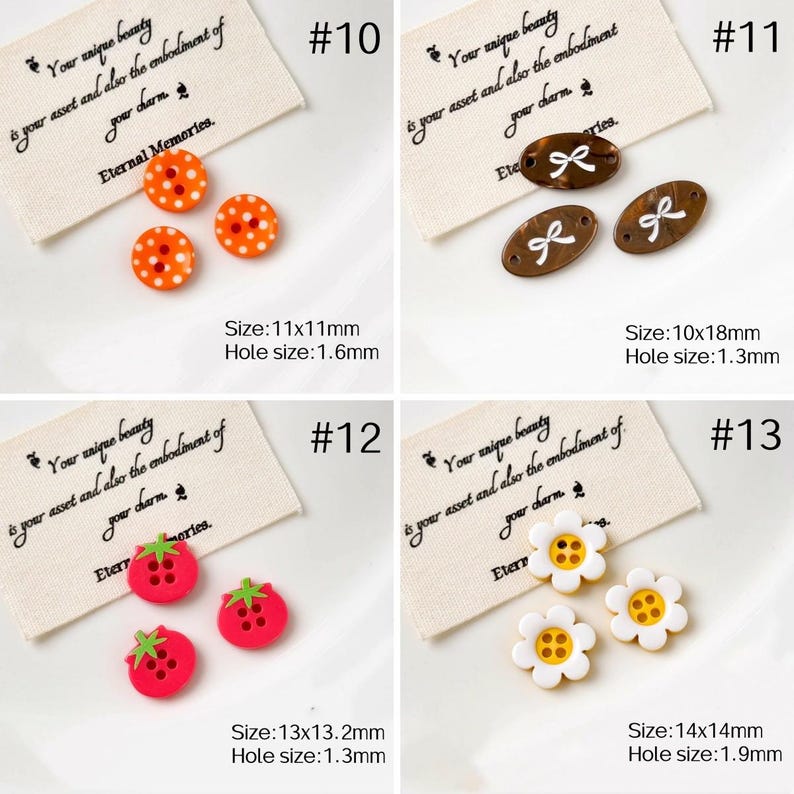 May include: A collection of decorative buttons in various shapes and designs. Includes orange polka dot buttons, brown oval buttons with bow details, red strawberry buttons, and white daisy buttons. Each set is displayed with a tag that has text.