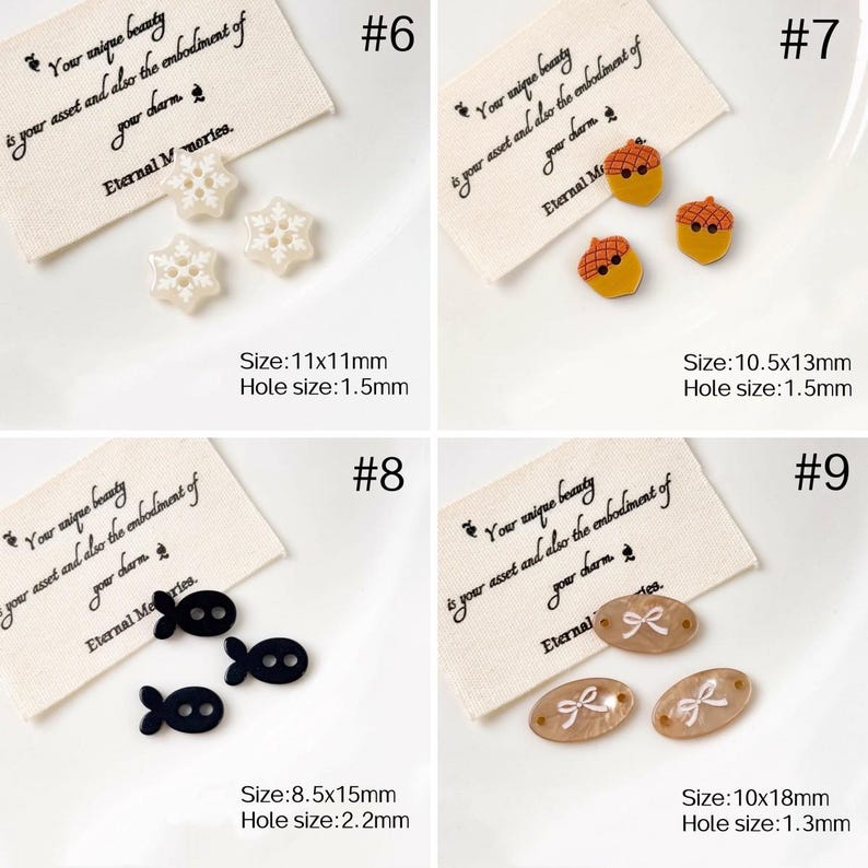 May include: A collection of decorative buttons in various shapes and colors. Includes snowflake, acorn, fish, and bow designs. Each button has a hole for sewing. Sizes range from 8.5mm x 15mm to 11mm x 11mm.