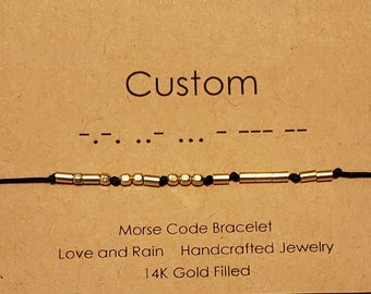 Morse Code Bracelet 14k Gold Filled Custom Choose Name Word or Saying Adjustable Cord Choice of Colors
