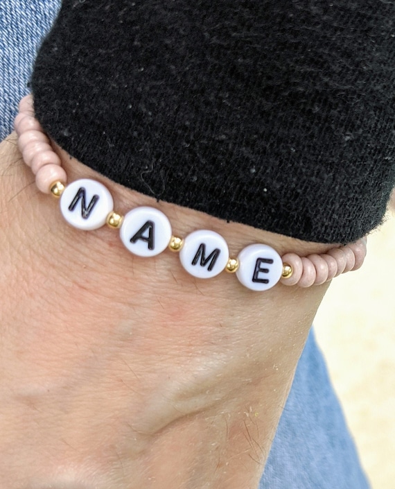 Personalized Letter Bead Bracelet Pink Glass and 14k Gold Filled