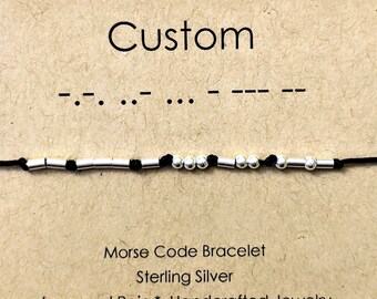 Morse Code Bracelet Sterling Silver Custom Choose Name Word or Saying Adjustable Cord Choice of Colors