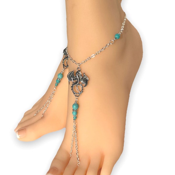 Silver Dragon Barefoot Sandals. Foot Jewelry. Dragon Charms. Blue Turquoise Beaded Anklets. Beach Wedding. Daenerys jewelry. Set of 2 pcs.