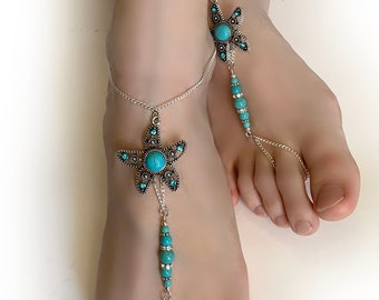 Starfish Barefoot Sandals. Silver Foot Jewelry. Rhinestone. Turquoise beads. Boho Chain Anklets. Beach Wedding. Body jewelry. Pair: 2 pcs.