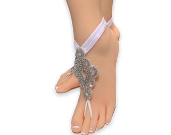 SALE! Ready to ship Silver Barefoot Sandals for the Beach Wedding. Foot Jewelry. Clear Crystal Rhinestones . Stretch Anklet Set of 2 pcs