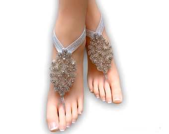 SALE! Ready to ship Silver Barefoot Sandals for the Beach Wedding. Foot Jewelry. Clear Crystal Rhinestones . EStretch Anklet Set of 2 pcs