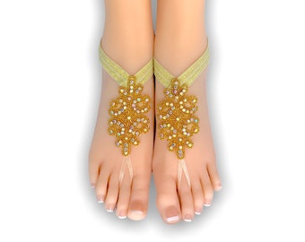 SALE! Ready to ship Barefoot Sandals for the Beach Wedding. Foot Jewelry. Golden AB Crystal Rhinestones. Elastic Stretch Anklet Set of 2 pcs