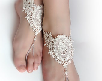 Ivory Lace Foot Jewelry. Barefoot Sandals. Lace Medallions. Pearl Beads. Silver Chain. Anklets. Beach Wedding. Bridal Accessory. Set of 2