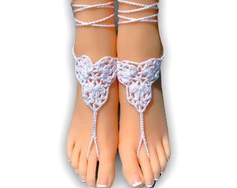 Lace Wedding Barefoot Sandals. White or 28 colors Crochet Foot Jewelry. Beach Wedding Anklets. Boho Chic. Bridesmaid's gift. Set of 2 pcs.