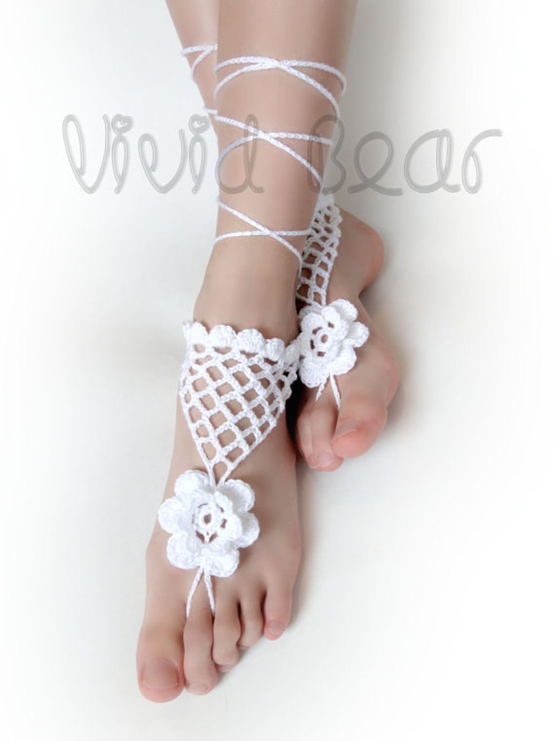 Barefoot Sandals. Crochet Foot Jewelry. White Flower and Net Anklet