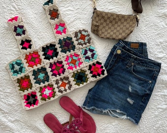 Hand crocheted Crochet Granny Square Top . Handmade Multicolored Vest/top . Crochet Colorful Crop Top Crochet . Granny Square Crop Tops