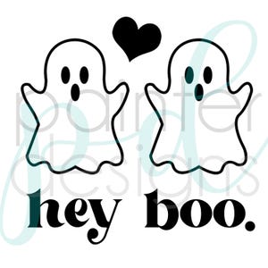 May include: Two cartoon ghosts with hearts above them and the text "hey boo."