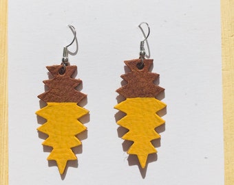 Brown and mustard yellow leather drop earrings
