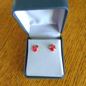 14k Gold Enamel Ladybug Earrings in Original Box