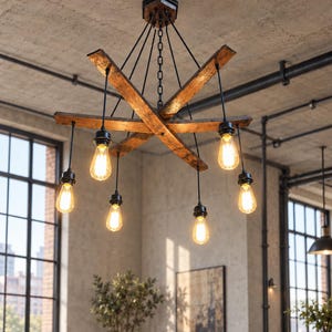 May include: A ceiling chandelier featuring two intersecting wooden beams in a natural brown finish. Six black cords hang from the beams, each holding a glowing Edison-style light bulb. The fixture is suspended from the ceiling by a central black chain.