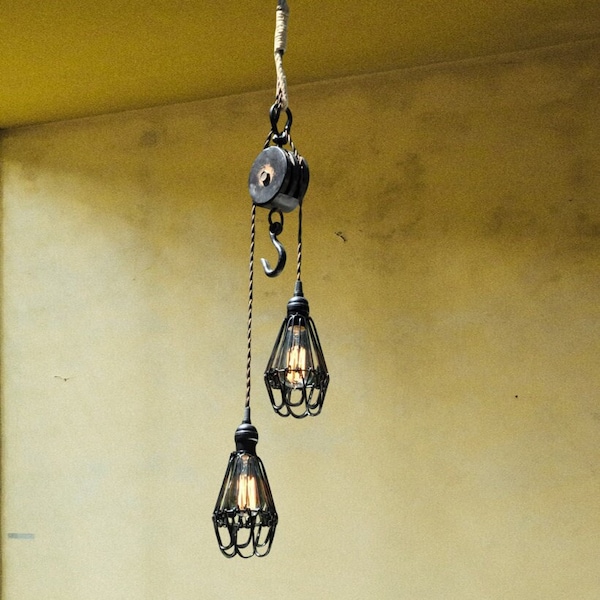 Pendant light for rustic decor, farmhouse kitchen light made with metal pulley, perfect blend of industrial and rustic charm