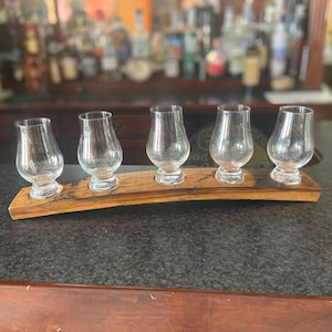 Whiskey flight tray for tasting glasses, handmade from genuine Bourbon barrel staves, the perfect gift for all whiskey connoisseurs.