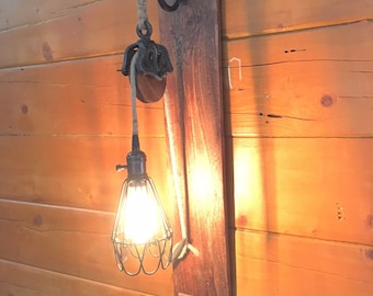 Rustic Pulley Wall Sconce: Farmhouse Industrial Light Fixture