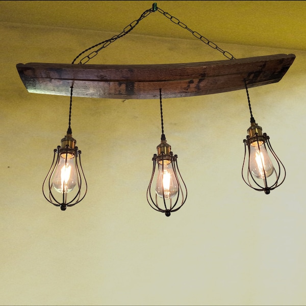 Whiskey barrel chandelier, ideal for mancave or cigar room, unique ceiling pendant from authentic bourbon barrels, adds warmth and character