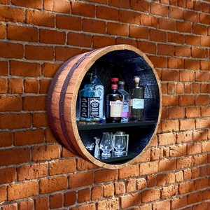 Whiskey Barrel Liquor Display to Showcase your collection, Rustic Elegance from Illuminated Handcrafted Cabinet using Genuine Bourbon barrel