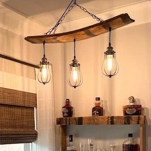 Whiskey barrel chandelier, ideal for mancave or cigar room, unique ceiling pendant from authentic bourbon barrels, adds warmth and character