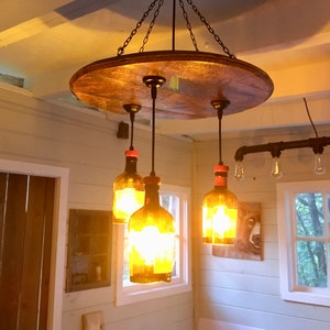 Bourbon barrel ceiling light with liquor bottles, speakeasy or cigar room chandelier from genuine barrel head ideal for the whiskey lover