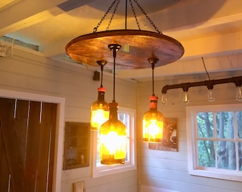 Bourbon Barrel Chandelier with Liquor Bottles: Speakeasy Lighting