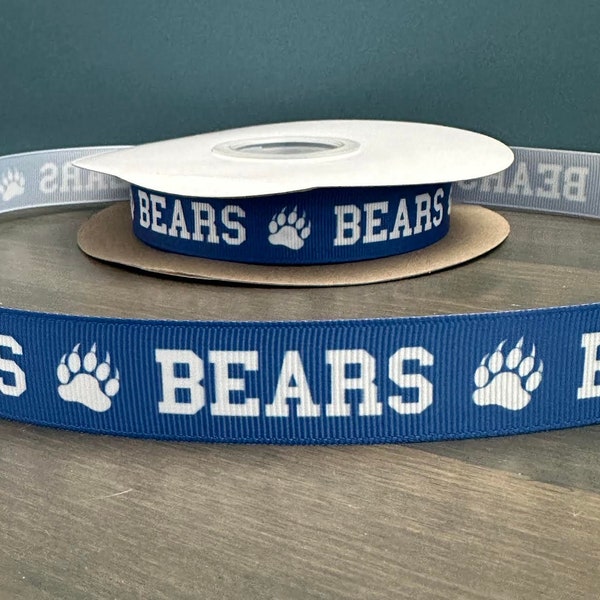 Bears ribbon, 7/8" bears  and bear paw ribbon in blue and white grosgrain, ribbon that is great for making leis, mums or cheer bows