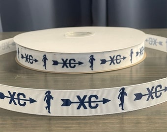 xc - cross country ribbon in navy blue, 7/8" grosgrain ribbon for bows, cross country ribbon for diy crafters
