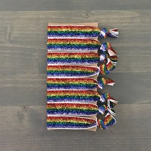rainbow glitter hair ties, set of 8 ponytail holders, elastic hair tie bracelets, creaseless hair ties, birthday party favors