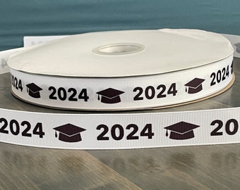 2024 graduation ribbon in black, gold, or silver, 7/8" grosgrain 2024 ribbon that is great for making leis, mums or cheer bow